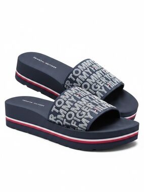 Tommy Hilfiger Navy Slide Sandals with Red & White Stripe Platform